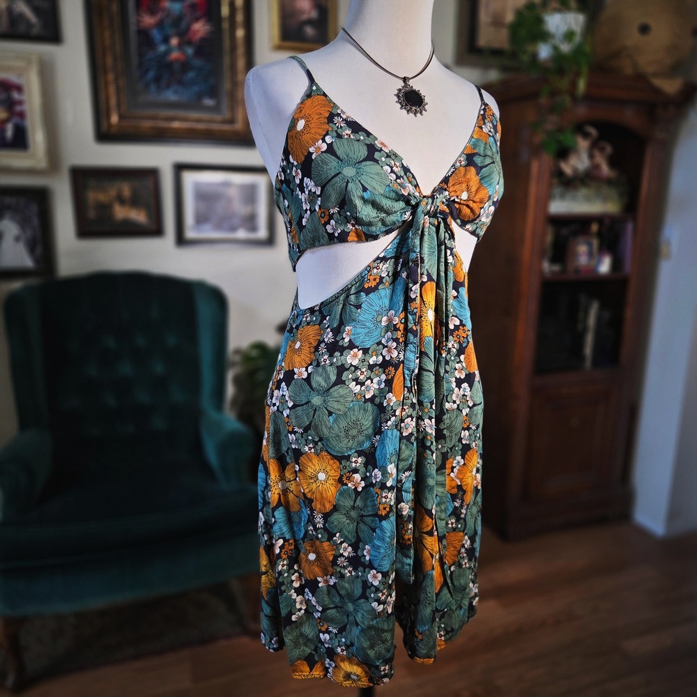 Volcom Floral Mini Dress Large Green Orange Cutout Tie Front Boho Summer Beach